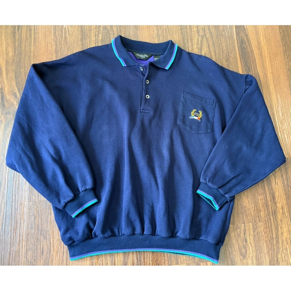 Christian Dior Monsieur Mens XL Vintage Embroidered‎ Blue Long Sleeve Sweatshirt